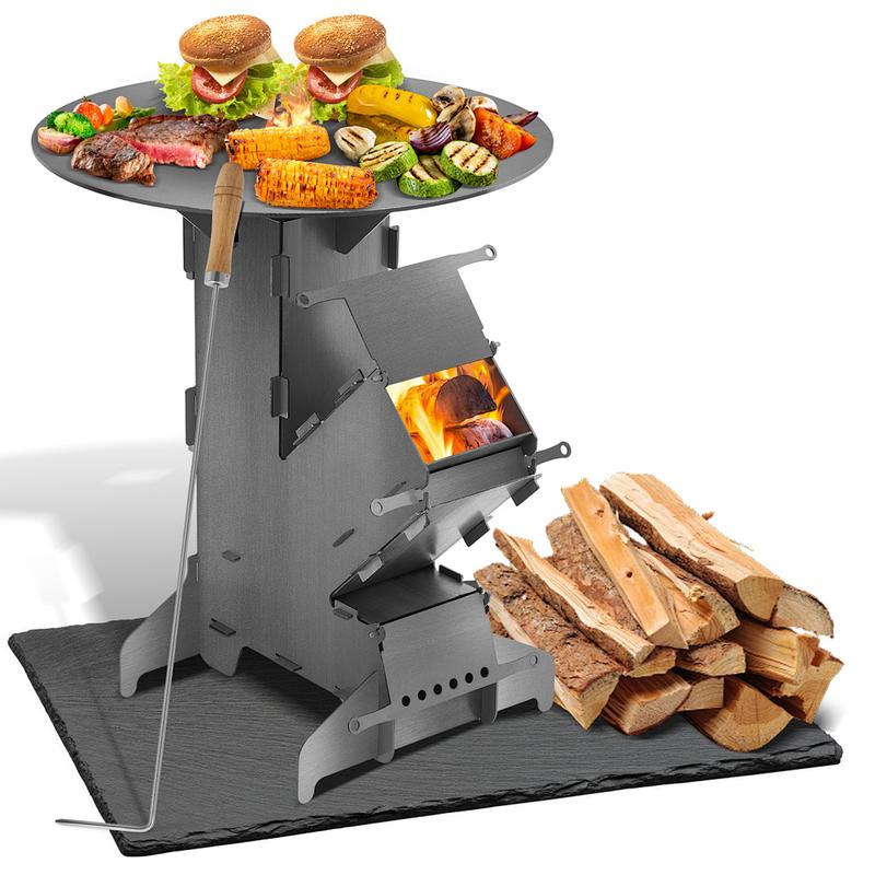 1 Set Raketenofen mit 50 cm Grillplatte und Feuerhaken, 3 mm Stahl Stecksystem Holzofen für Outdoor BBQ, Camping und Terrasse