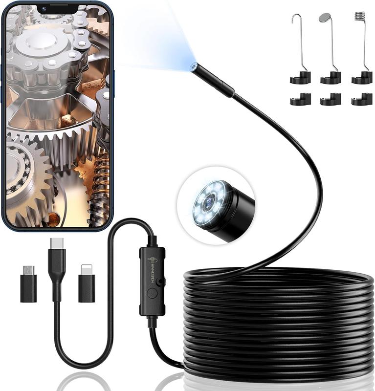 1920P HD Endoskop-Kamera mit 8 einstellbaren LED-Leuchten, 5m halbstarre Schlangenkamera, IP67 wasserdicht, Inspektionskamera für iOS und Android