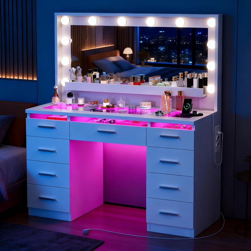 【2 Pakete versendet】 Schminktisch mit großem Spiegel und Beleuchtung, 3 Farben, großes Schminktisch-Set mit transparenter Glasoberfläche und 9 RGB-Schubladen, Schminktisch mit Netzanschluss für das Schlafzimmer