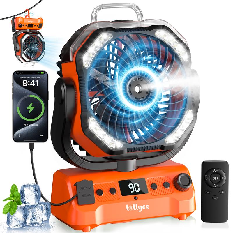 20000mAh Camping Ventilator mit Nebelfunktion | Doppelmotor 270° Oszillierend | Tragbarer Zeltventilator mit LED & Fernbedienung | Powerbank für Camping Angeln BBQ Zuhause