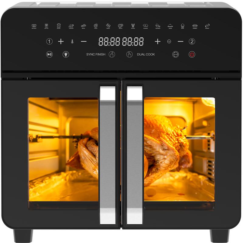 23L XXL Heißluftfritteuse mit Doppeltür und Sichtfenster, Smart-Elktro-Ofen, 2200W | Dual Zonen Airfryer mit herausnehmbarer Trennwand, 15 Programme, LED-Touch, Drehspieß, 12 Zubehörteile, fettarm und energiesparend zum Backen und Grillen in Innenräumen