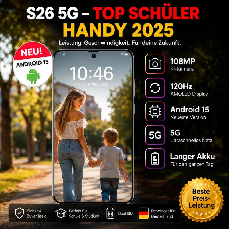 26 5G Smartphone ohne Vertrag | 8GB+256GB Gaming Handy | Großes Display & Langer Akku, Android Dual SIM Entsperrt, Günstiges Preis-Leistungs-Handy Schul handy