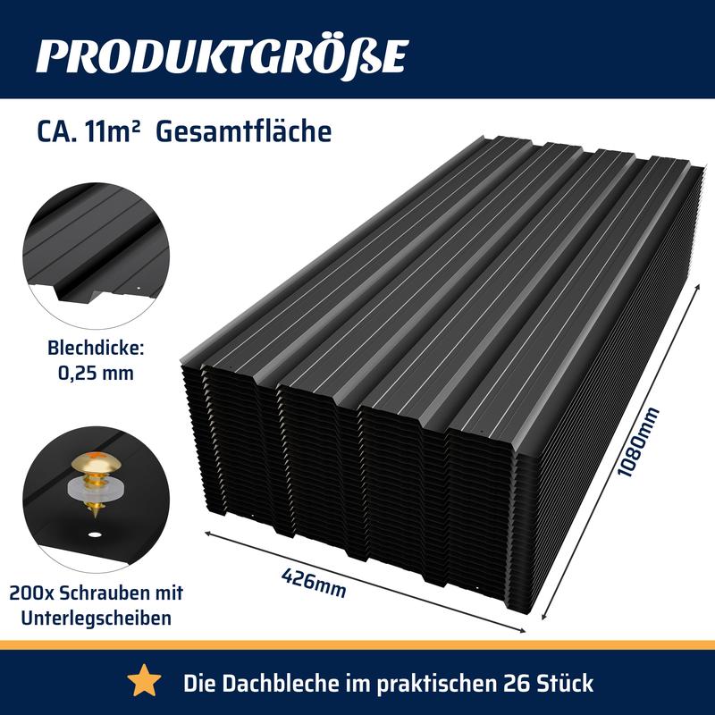 26er-Set Trapezbleche inklusive Schrauben, Metall-Dachbleche aus legiertem Stahl, Gesamtfläche 11,96 m²