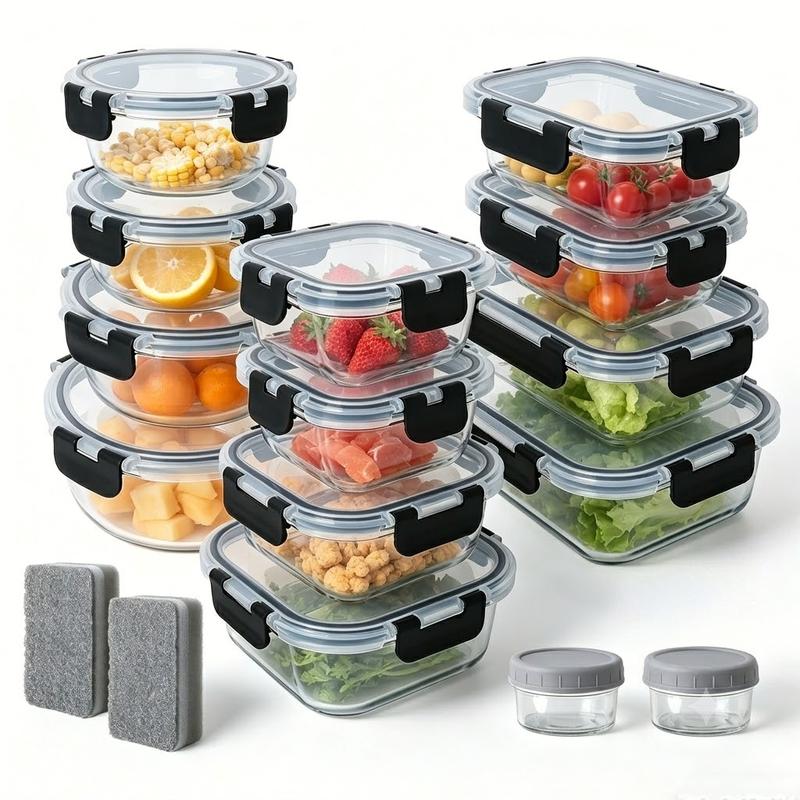 [28 Teile14+14] Teile Glasbehälter‑Set mit luftdichten Druckverschlussdeckeln | Meal Prep Behälter, Backofen‑, Gefrierschrank‑ und Spülmaschinenfest für Lebensmittelaufbewahrung