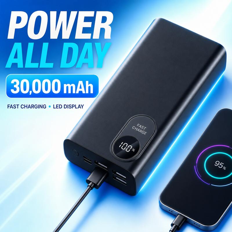 30000mAh Powerbank mit LED-Display – Schnellladung, kompatibel mit iPhone, Samsung, iPad – 10+ Aufladungen für Reise, Camping & Notfall – Tragbare Batterie