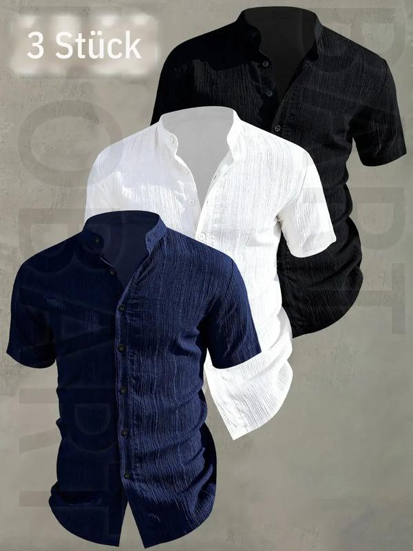 3er-Set Herren Sommer Hemd mit kurzen Ärmeln – leicht und atmungsaktiv, einfarbiges Knopfhemd mit Stehkragen und tiefem Kragenbereich; für Strandurlaub, Poolparty und lässige Outfits; Strandhemd, Geschenk für den Mann