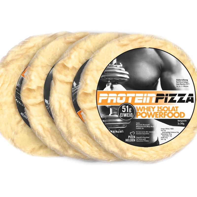 4 x Protein Pizza Boden, High Protein Pizzateig, Mit Whey Isolat, vorgebacken im Steinofen, ideal für Fitness-Sportler