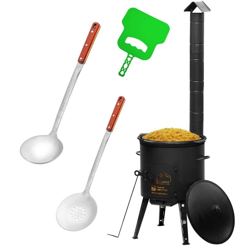 Ø40 Uchag 2mm Stahl mit Abzugsrohr 12L Kasan (flacher boden) Feuerstelle Feldküche Utschak Utschag Kazan Campingofen Außenküche Eintopfofen mit Schaumkelle Suppenkelle Grillfächer