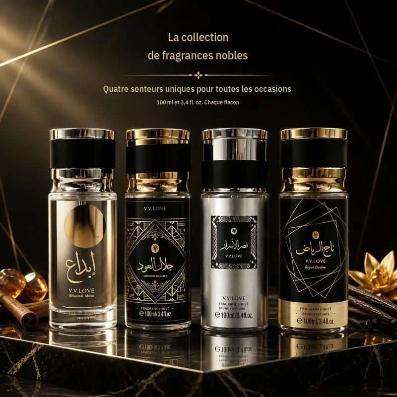 4er Set orientalischer Duftnebel (100 ml), langanhaltendes arabisches Parfumspray mit Holz , Moschus und Vanillenoten, feiner Duftnebel für Körper – für Männer und Frauen, Luxusduftkollektion als Geschenkset für den täglichen Gebrauch und abends