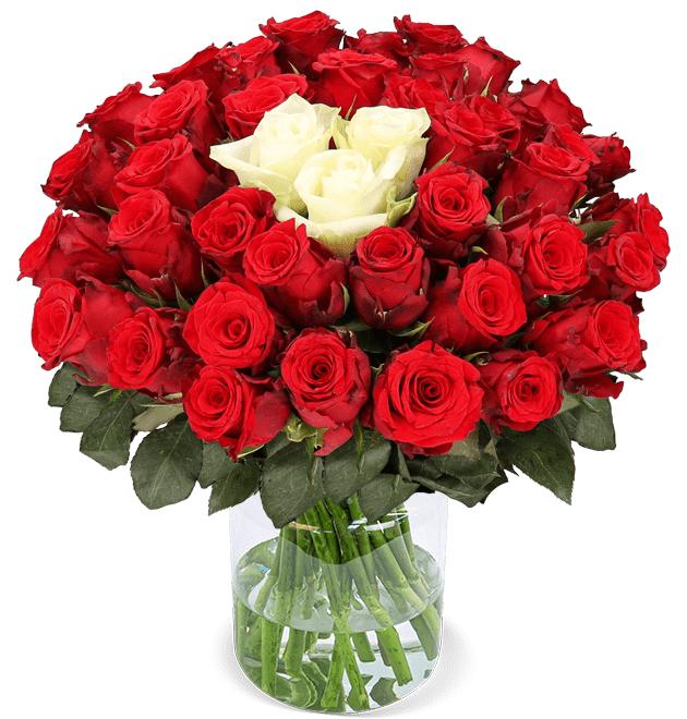 50 Rosen - "Sweetheart" Rosenstrauß in rot mit weißem Herz in der Mitte - romantisch und symbolisch perfekt als Liebesbeweis