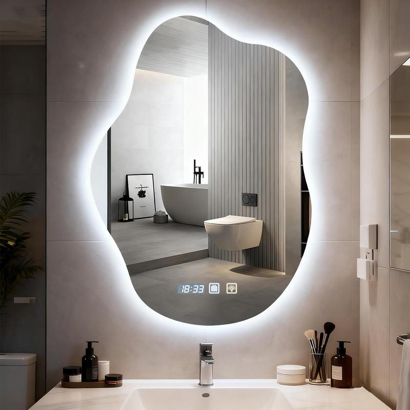 500×700 mm LED-Badezimmerspiegel mit Beleuchtung, unregelmäßiger LED-Badezimmerspiegel mit Antideuchtigkeit, digitaler Uhr, dreifarbig dimmbar und mit Memory-Funktion, wandmontierter Badezimmer-Schrankspiegel mit Beleuchtung