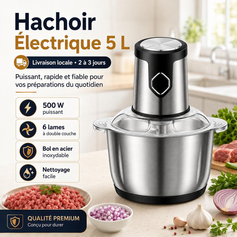 5L Elektrische Küchenmaschine aus Edelstahl, Multifunktionaler Fleischwolf & Gemüsezerkleinerer mit 6‑doppel Klingen, Elektrischer Hackmaschine für Fleisch, Zwiebeln, Knoblauch & Gemüse, Leistungsstarker Food Processor, Einfach zu reinigen