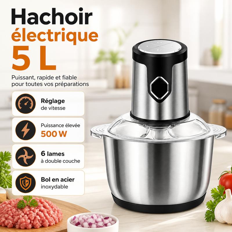 5L Elektrische Küchenmaschine mit Edelstahlbehälter – Fleischwolf & Zerkleinerer mit 6 Doppel-Klingen, Multifunktionaler Food Processor für Fleisch, Gemüse & Knoblauch, Leistungsstark & Leicht zu Reinigen elektrisch metall küchenmaschinen