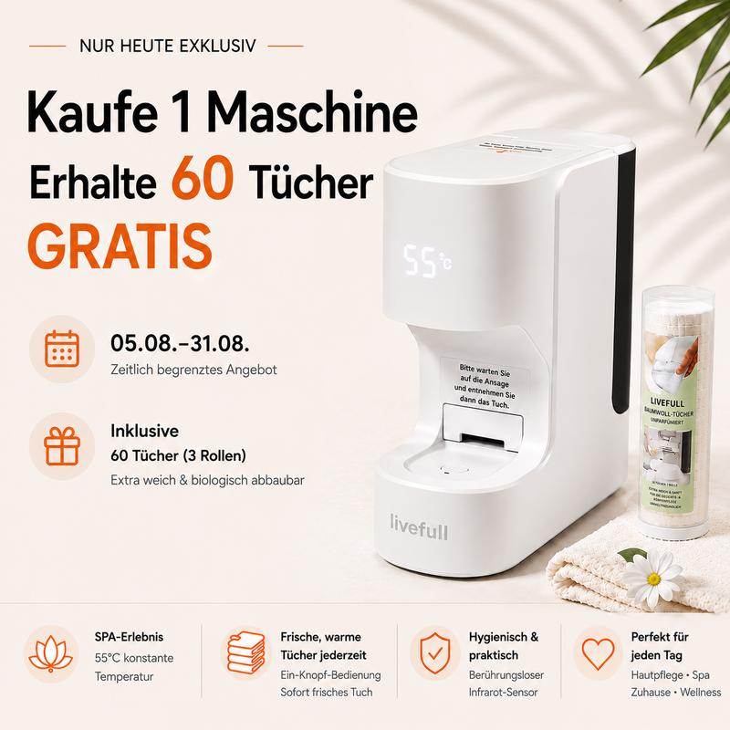 【8.6-8.31 Kaufe 1 Maschine Erhalte 60 Tücher GRATIS】Livefull Smart Heißes Gesichtshandtuch-Heizgerät CL01, 5s Schnellheizung, 55°C Konstante Temperatur, Automatischer Handtuchspender mit Sprachansagen, 20 Komprimierte Handtücher, Luxus Home Spa