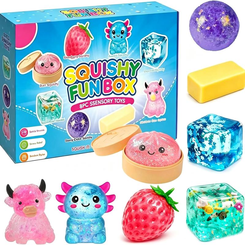 8-teiliges Squishy-Box-Set, Malzzucker-Stressabbau-Fidget-Toys, Sensorik-Bündel, kreatives Slow-Return-Squishy, Partygeschenk, 8 verschiedene Stile