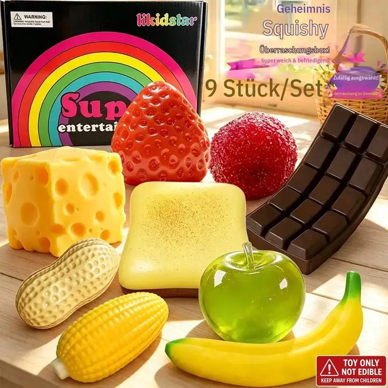 9-teiliges Set weicher, heilender Anti-Stress-Spielzeugsets im Regenbogen-Design, inklusive Toast, Käse, Erdbeere, Himbeere und Schokolade, kreative Plüschtiere mit langsamer Rückfederung, Geschenk für Kinderpartys