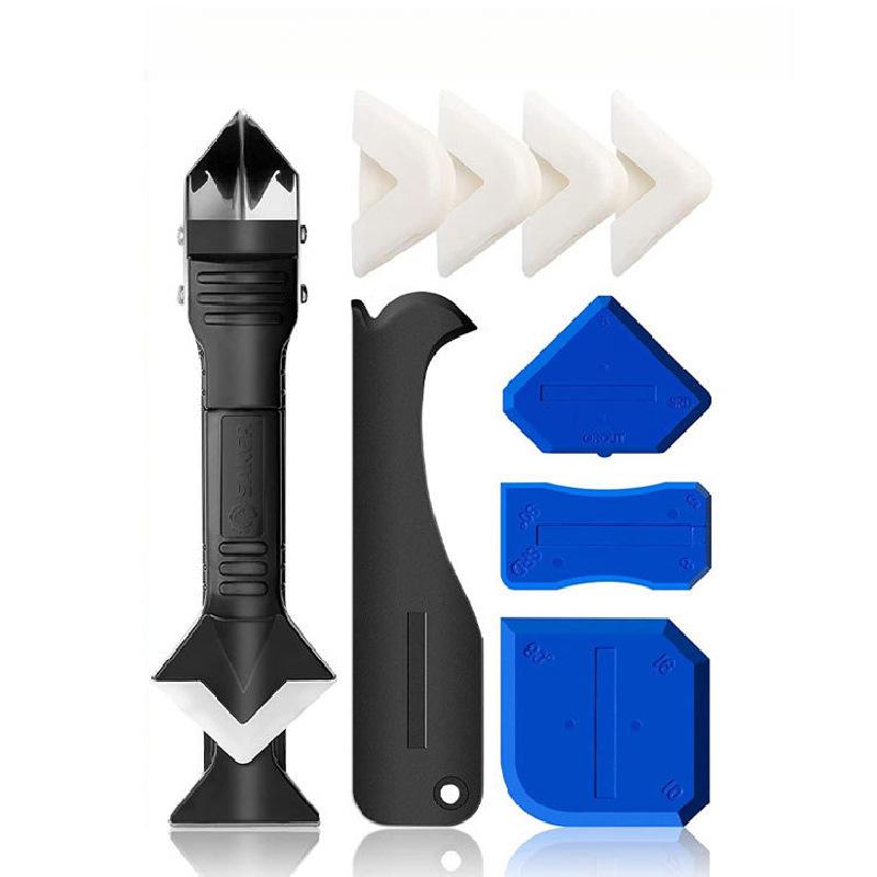 9-teiliges Silikon-Dichtwerkzeug-Set, 3-in-1-Werkzeug zur Entfernung von Fugen (Edelstahlkopf) und Schabberhilfe zum Entfernen von Fugenmaterial, Entferner für Dichtungsmittel für Küche/Bad/Fenster