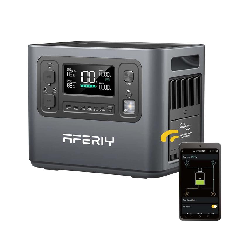 AFERIY P210 Tragbares Kraftwerk, 2400W, 2048Wh LiFePO4 Batteriegenerator mit 1100W AC und 500W Solarladung, für Home Backup, Stromausfälle, Camping, 7 Jahre lang anhaltende LFP Batterie