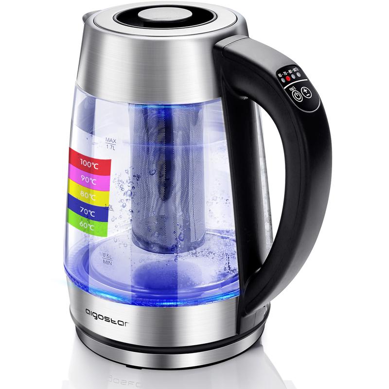 Aigostar Glas Wasserkocher mit Temperatureinstellung 1,7L, 2-in-1 Teekocher mit Edelstahl Teesieb, Temperaturwahl 60°-100°C Farbwechsel LED Beleuchtung, 120 Minuten Warmhaltefunktion, BPA-Frei