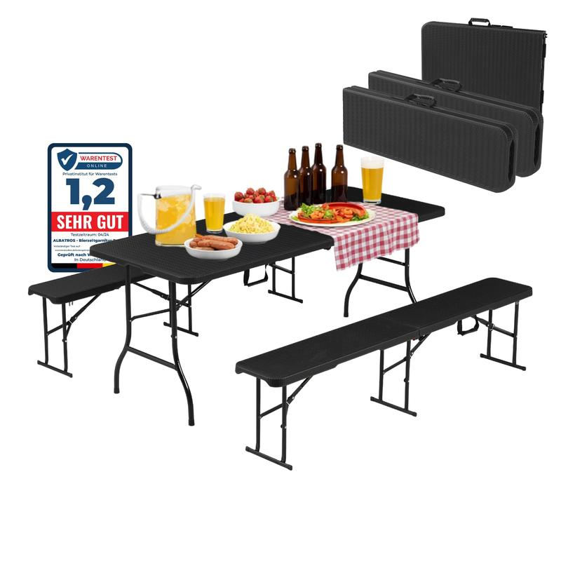 ALBATROS Bierzeltgarnitur 3-teilig klappbar | Stabiler Klapptisch 300 kg & 2 Bierbank 500 kg | Biertischgarnitur für 10 Personen | Camping Tisch Outdoor | Biertisch 182 cm | Garten Möbel Set