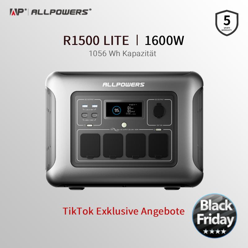 ALLPOWERS R1500 LITE Die tragbare Powerstation mit einer Batteriekapazität von 1056 Wh und Schnellladung in nur 1 Stunde ist geeignet für Wohnmobilreisen, Camping, Off Grid Leben und Notfälle zu Hause.