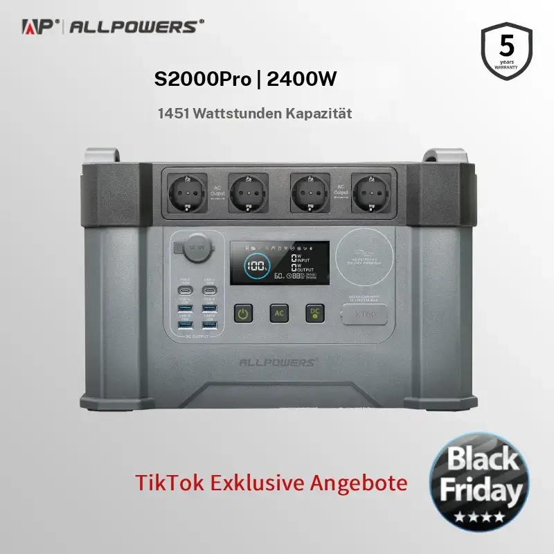 ALLPOWERS tragbares Powerstation S2000 Pro, 2400W, Batteriekapazität von 1451Wh, Schnellladung in 1,5 Stunden, geeignet für Outdoor Camping, Notfälle zu Hause, Leben mit dem Wohnmobil und Leben offgrid.