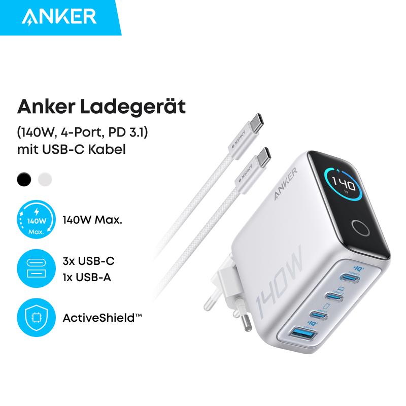 Anker Ladegerät, 140W USB-C Ladegerät,4-Port Multi-Geräte Schnellladeleistung, Fortschrittliches GaN Netzteil, Touch Control, Kompatibel mit MacBook, iPhone 16, Samsung, Pixel und mehr