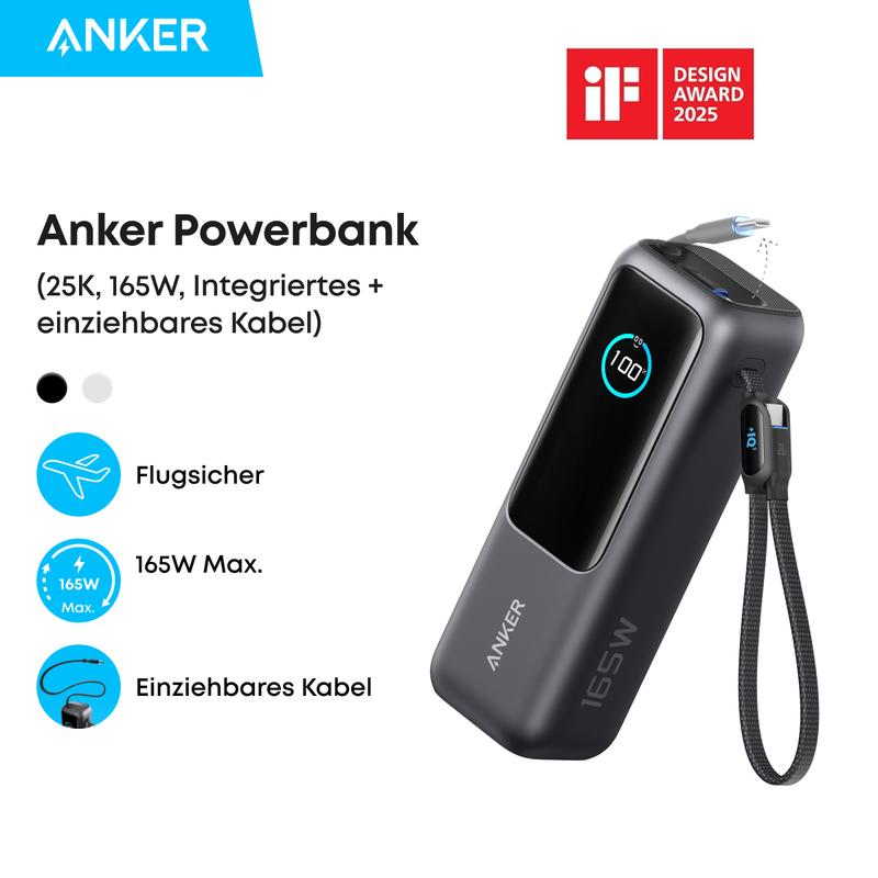 Anker Powerbank, 25.000mAh externer Akku mit 3x 100W USB-C Ports für Multi-Geräte-Ladeleistung, Integriertes + einziehbares Kabel, Für iPhone 16/15, MacBook, Samsung und mehr