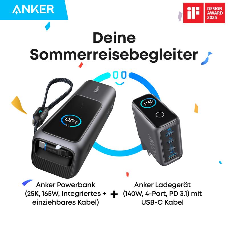 Anker Powerbank + Netzteil Ladeset, 25000mAh 3x 100W USB-C Port, Integriertes einziehbares Kabel, Mit 140W USB-C GaN Ladegerät, Multi-Geräte-Ladeleistung