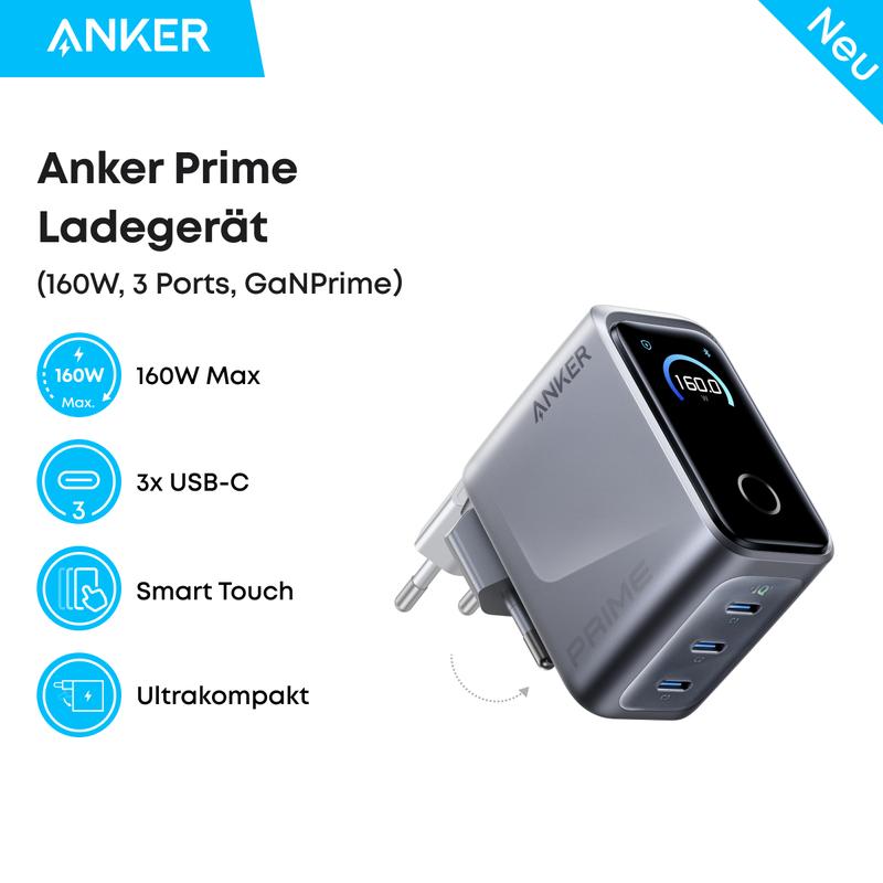 Anker Prime 160W USB C Ladegerät, kompakter GaN USB-C Ladeblock mit 3 Ports, Smart Display, Touch-Steuerung, Ultra-schnelles 140W Laden bei 1 Port, für Laptop, MacBook, iPad, iPhone 17/16/15 und mehr