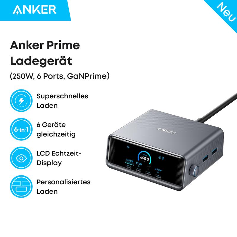 Anker Prime charging station 250W USB C Ladegerät, Ultra-schnelle 6-Port GaN Ladestation, 2,26" LCD-Display und Smart Control Regler, kompatibel mit MacBook Pro/Air, iPhone 17/16/15, Pixel, Galaxy, Apple Watch & mehr