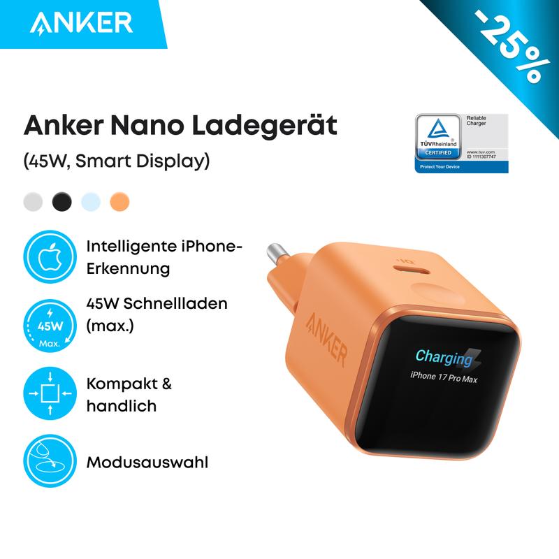 Anker Smart Ladegerät, Anker Nano 45W USB C Ladegerät mit Display und intelligenter Erkennung, integriertem Schonmodus, kompaktes GaN Schnellladegerät für iPhone 17/16/15 Serie, iPad, MacBook