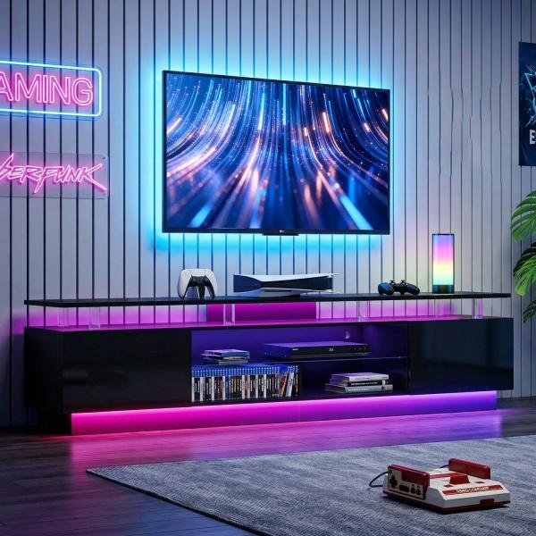 Aoxun Fernbedienung 200cm Hochglanz TV-Stand schwarz 2 Seitenfaecher 3-stufige