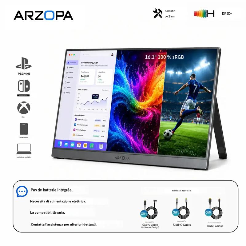 ARZOPA tragbarer Monitor, Z1C/Z1FC 100 % sRGB, FHD 1080p, mit Ständer, hoher Farbraum, IPS‑Display, schont die Augen, für Büro und Unterhaltung, High‑End
