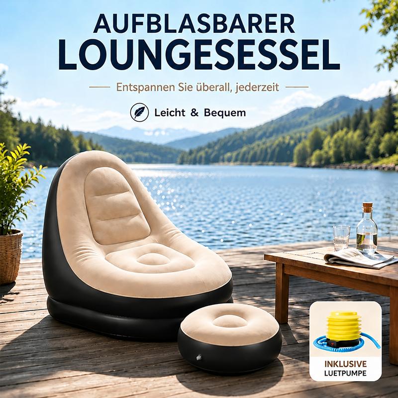 Aufblasbarer Lounge-Sessel, ergonomischer Luftsessel mit samtiger Oberfläche, stabiler breiter Basis, platzsparend faltbar, inkl. Fußpumpe, für Innen, Garten, Terrasse und Camping