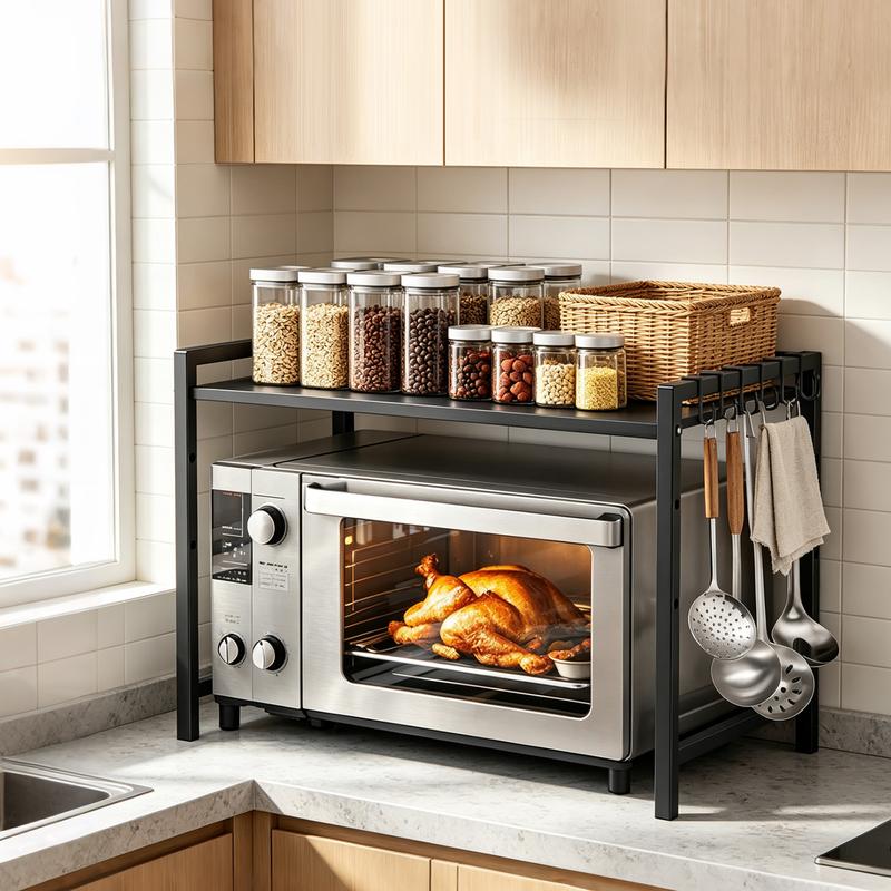 Ausziehbares Mikrowellenherdgestell 38–64 cm, zweistufiges Herdgestell mit 6 Haken, Küchenschrankablage über dem Mikrowellenherd, Arbeitsplatten-Organizer für Heißluftfritteuse, platzsparendes stehendes Backgestell, kratzfest