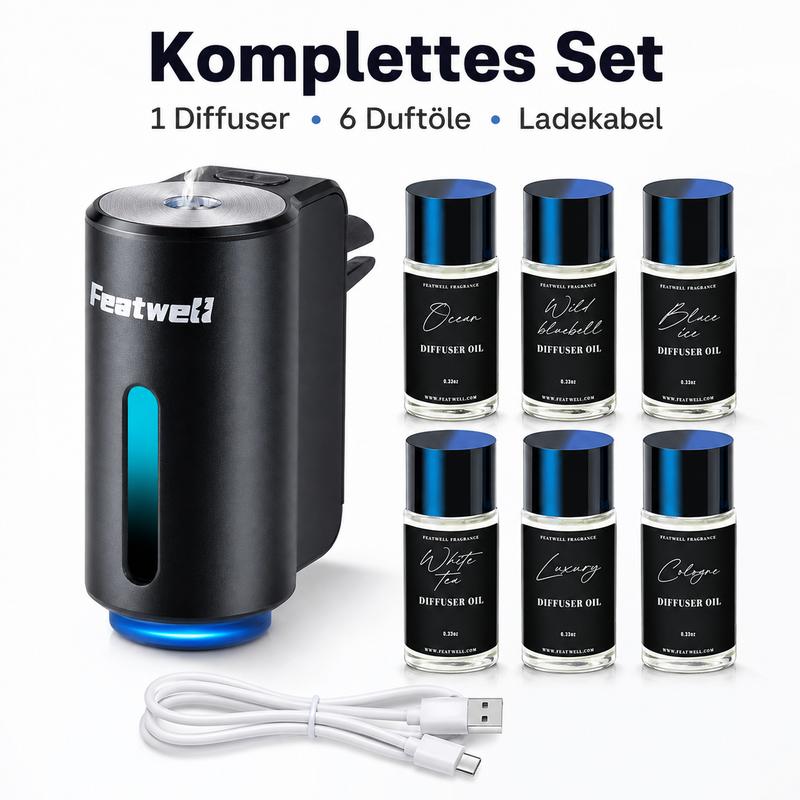 Auto Duftspender Elektrisch mit 6 Duftölen – Wiederaufladbarer Aroma Diffuser fürs Auto, 3 einstellbare Duftmodi, USB-C, Auto Lufterfrischer für Lüftungsgitter**