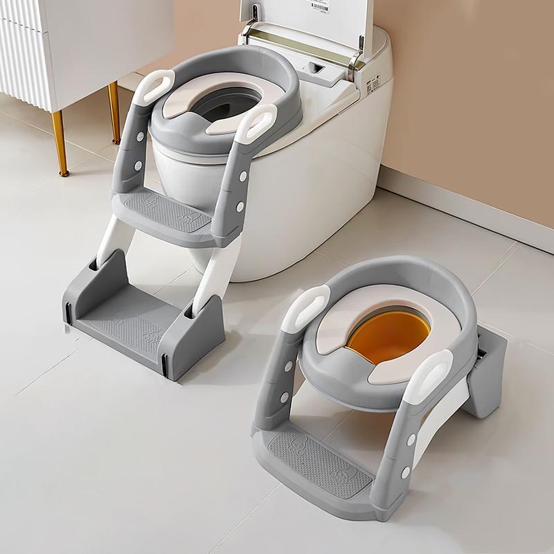 Baby-Toilettensitz Kinder mit Treppe Toilettentrainer für Kinder WC Sitz mit PU Gepolsterter Höhenverstellbar und Faltbar
