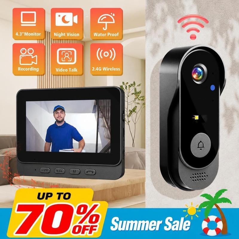 【Back to school】Drahtlose Türklingel-Kamera: 1080P, 170°-Winkel, 4,3-Zoll-Bildschirm, IPX65-Outdoor-Wasserdichtigkeit, Nachtsicht (Bitte betreiben Sie den Bildschirm mit angeschlossenem Netzteil.)