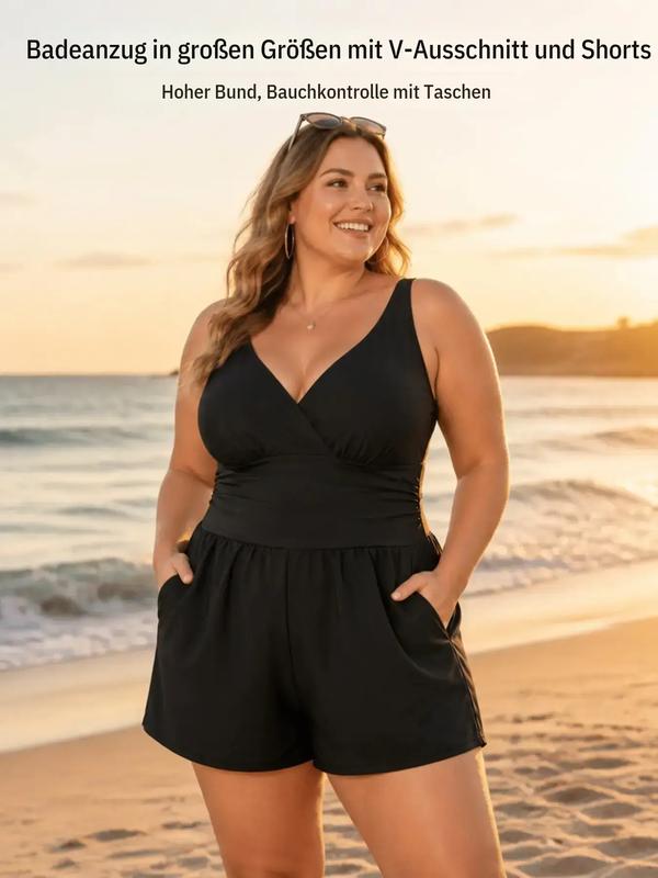 Badeanzug im Einteilig-Shorts-Design für große Größen mit V-Ausschnitt, hoher Taille zur Bauchkaschierung, Taschendesign, schnelltrocknendes Material, Sommer-Strandbekleidung