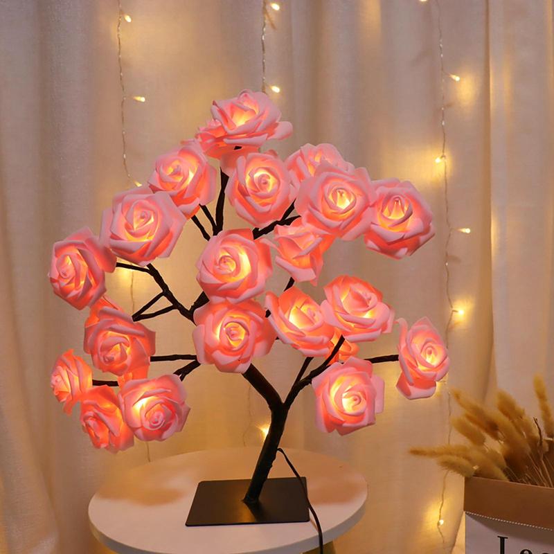 Baum-Nachtlicht mit Rosenblüten-Design, USB-betriebene Tischlampe und Zimmerbeleuchtung für Schlafzimmer und Festtagsdeko, Geschenk zum Valentinstag