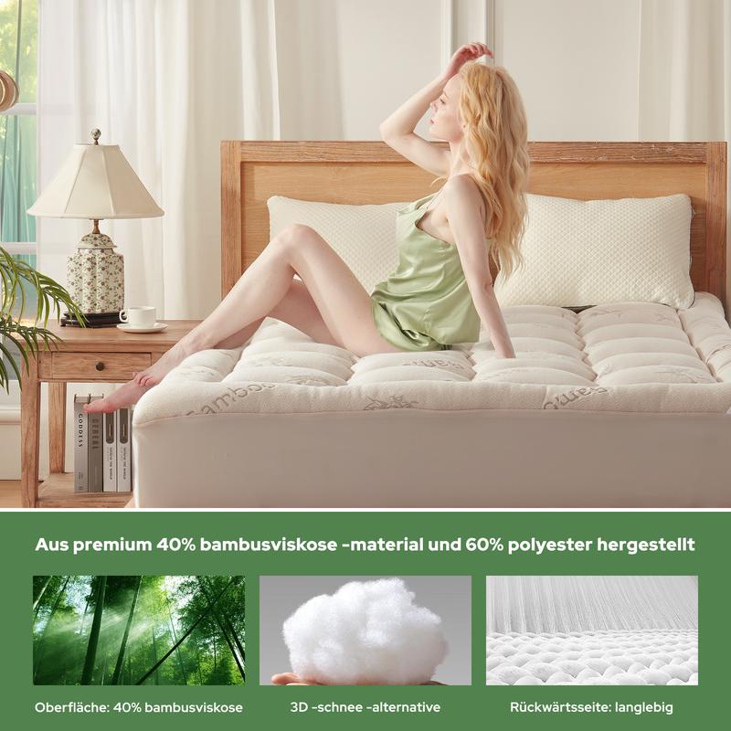 BEDLORE Matratzenauflage aus Bambusfaser-Viskose mit tiefen Taschen, gesteppter Matratzentopper, weich & druckentlastend, passend für Matratzen bis 30-40 cm