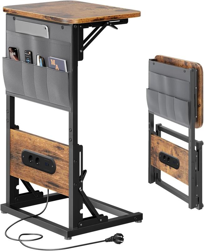 Beistelltisch C Form, Klappbarer Sofatisch mit Steckdosen, Couchtisch mit Metallrahmen für Schlafzimmer und Wohnzimmer, 30 x 40 x 68.5 cm, Wohnzimmertisch für Kaffee und Laptop