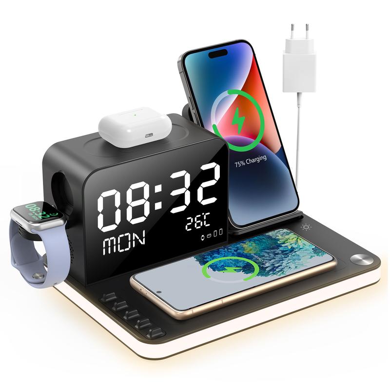 BLKE kabelloser 7-in-1 Ladegerät, doppelte Handy-Ladestation, Touch-Nachtlicht, digitales Display, 33 W Adapter. Kompatibel mit den Modellen iPhone 17/16/15/14/13/12 Pro Max, Apple Watch, Kopfhörern und der Multi‑Gerät‑Station für Android