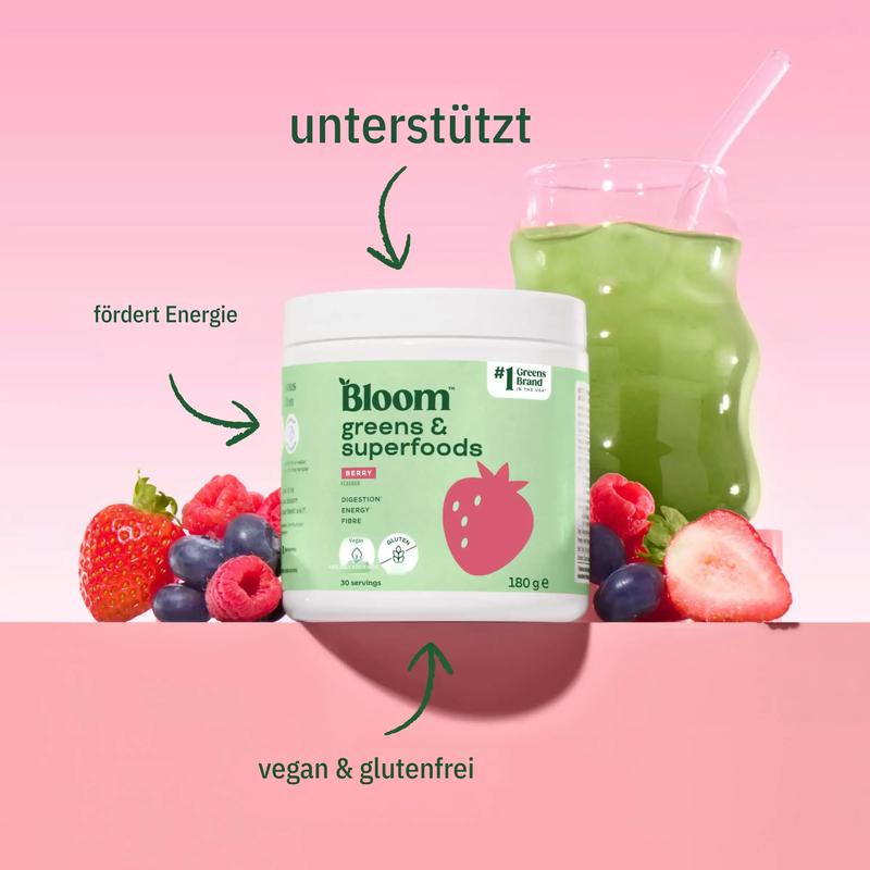 Bloom Nutrition Grünzeug- und Superfood-Pulver – unterstützt die Verdauung, lindert Blähungen, fördert die Darmgesundheit und liefert Energie, mit Probiotika und Antioxidantien – 30 Portionen