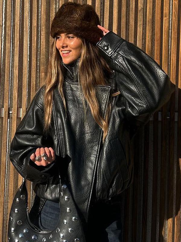 Bomberjacke aus schwarzem Kunstleder mit Stehkragen, oversized Motorrad-/Biker-Jacke mit elastischem Saum, lässige Streetwear, langärmelig, wasserdicht und winddicht – Oberbekleidung für Frühling & Herbst, Damenkleidung für den Alltag