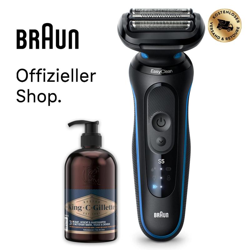 Braun Series 5 Elektrischer Rasierer 52-B1000s + King C. Gillette 3-in-1 Bart-, Gesichts- und Haarwaschgel für Männer, 350 ml