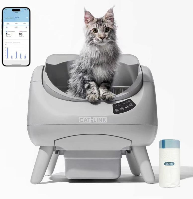 CATLINK C08 Lite Open-X Selbstreinigende Katzentoilette mit offenem Top-Design, 5 GHz WLAN, XXL 12L Volumen, Hellgrau