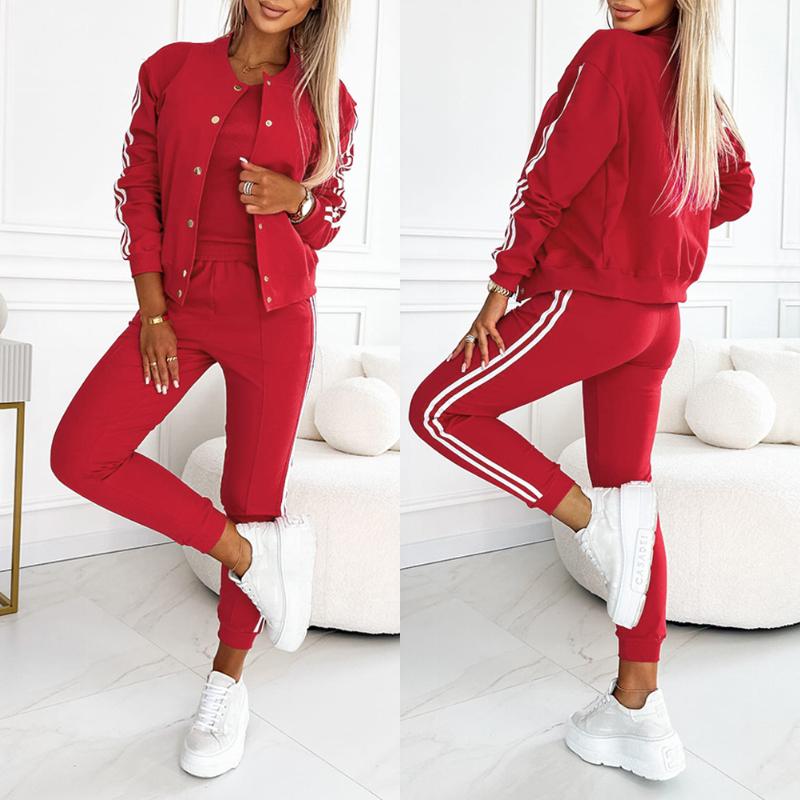 CHICME Damen 3 teiliges passendes Trainingsanzug Set mit gestreiftem Band Patch: Tanktops, Jacke mit Knopfleiste und Hose mit Kordelzug und Taschen
