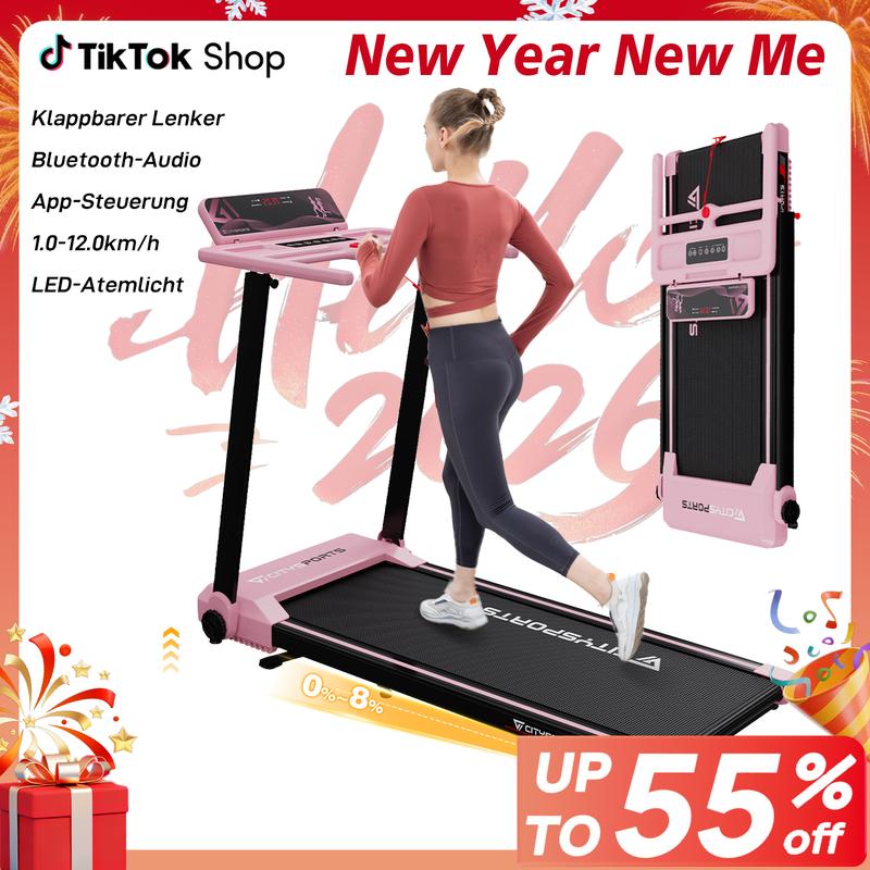 CITYSPORTS Laufband für Zuhause,Klappbares Laufband mit Neigung bis 12 Km/H,LED-Anzeige,Foldanle Walking Pads,Bluetooth Speaker,Platzsparend,Laufband Schreibtisch,120 Kg Tragfähigkeit PINK